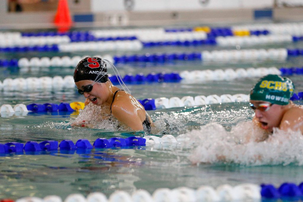 Snohomiosh senior Grace Andrews swims the breaststroke in the 200 yard individual medley during the Wesco 3A Division 1 Girls Swim and Dive Finals on Saturday, Nov. 4, 2023, at the Snohomish Aquatic Center in Snohomish, Washington. (Ryan Berry / The Herald)