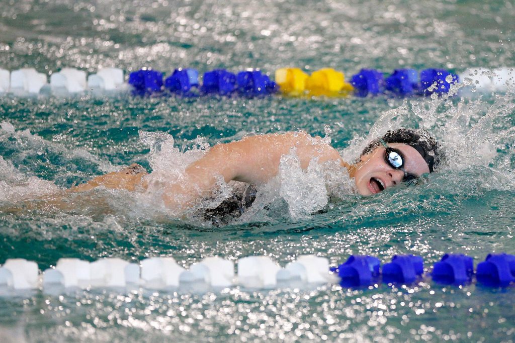 Snohomish sophomore Olivia Huber heads to the finish in the 200 yard freestyle during the Wesco 3A Division 1 Girls Swim and Dive Finals on Saturday, Nov. 4, 2023, at the Snohomish Aquatic Center in Snohomish, Washington. (Ryan Berry / The Herald)