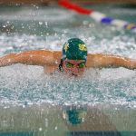 Shorecrest senior Miranda Thompson swims her way to a state berth in the 100 yard butterfly during the Wesco 3A Division 1 Girls Swim and Dive Finals on Saturday, Nov. 4, 2023, at the Snohomish Aquatic Center in Snohomish, Washington. (Ryan Berry / The Herald)