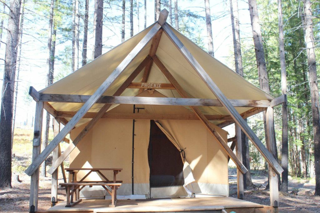 A canvas walled tent aptly named Phoenix is part of the new lodging offerings at Breitenbush Hot Springs in central Oregon following destructive fires in September 2020. These unheated options are closed for the season from Nov. 1 to Apr. 1, but may be equipped with pellet stoves in the future for use during the winter. (Gregory Scruggs / The Seattle Times)
