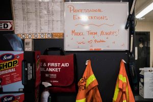 A whiteboard inside Richie del Puerto's auto tech classroom at Sno-Isle Technical Skills Center on Tuesday, Nov. 2, 2021 in Everett, Wa. (Olivia Vanni / The Herald)