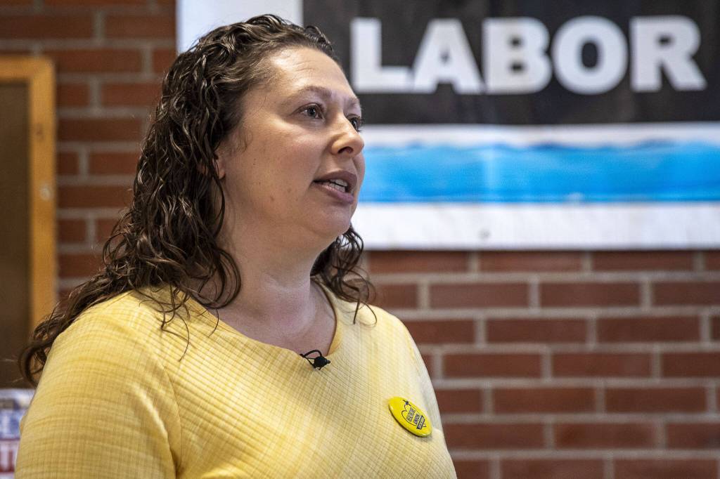 Labor and delivery nurse Kristen Crowder speaks after a press confrence for the Providence nurses who gave a 10-day strike notice two days ago at the Everett Labor Temple in Everett, Washington on Monday, Nov. 6, 2023. (Annie Barker / The Herald)