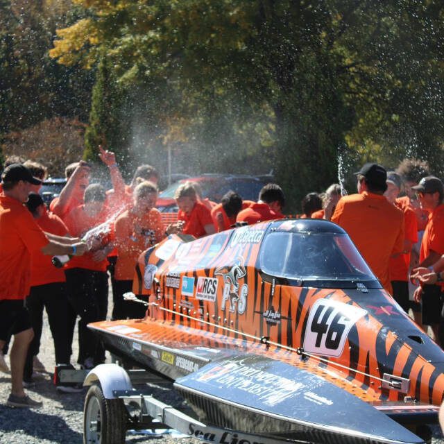 Celebration ensues after Arlingtons John Peeters and a team of Princeton University students broke the world water speed record for an electric boat. (Photo courtesy of John Peeters)