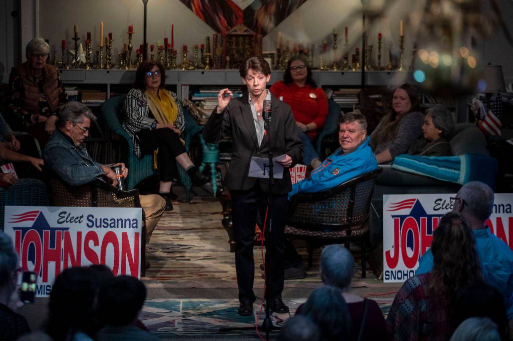 Susanna Johnson speaks to the media and community at 230 Ave B. in Snohomish, Washington on Tuesday, Nov. 7, 2023. (Annie Barker / The Herald)