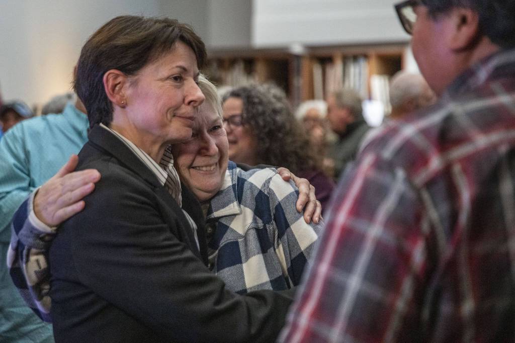 Susanna Johnson speaks to the community at 230 Ave B. in Snohomish, Washington on Tuesday, Nov. 7, 2023. (Annie Barker / The Herald)