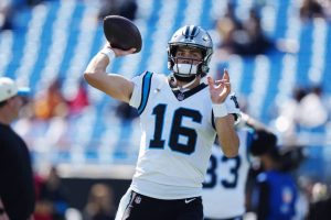 Carolina Panthers quarterback Jacob Eason (16) warms up prior to the start of an NFL football game against the Tampa Bay Buccaneers Sunday, Oct. 23, 2022, in Charlotte, N.C. (AP Photo/Jacob Kupferman)