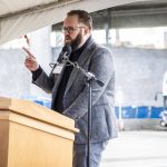 Senator Marko Liias speaks at the ground breaking of the Swift Orange Line on Tuesday, April 19, 2022 in Lynnwood, Washington. (Olivia Vanni / The Herald)