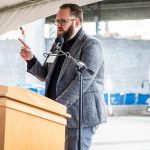 Senator Marko Liias speaks at the ground breaking of the Swift Orange Line on Tuesday, April 19, 2022 in Lynnwood, Washington. (Olivia Vanni / The Herald)