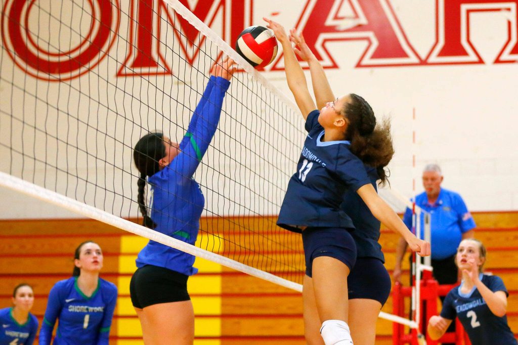 Shorewood and Meadowdale players both go for the ball during a Wesco 3A District volleyball matchup against Shorewood on Thursday, Nov. 9, 2023, at Marysville Pilchuck High School in Marysville, Washington. (Ryan Berry / The Herald)