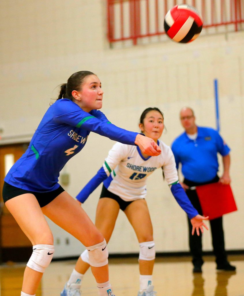 Shorewoods Harper Lara-Kerr bumps the ball during a Class 3A District 1 volleyball match against Meadowdale on Thursday at Marysville Pilchuck High School in Marysville. (Ryan Berry / The Herald)