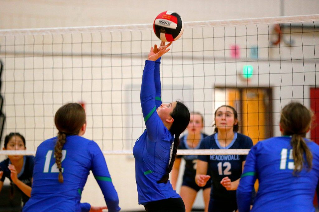 Shorewood setter Hannah Wu sets the ball up for a kill during a Wesco 3A District volleyball matchup against Meadowdale on Thursday, Nov. 9, 2023, at Marysville Pilchuck High School in Marysville, Washington. (Ryan Berry / The Herald)