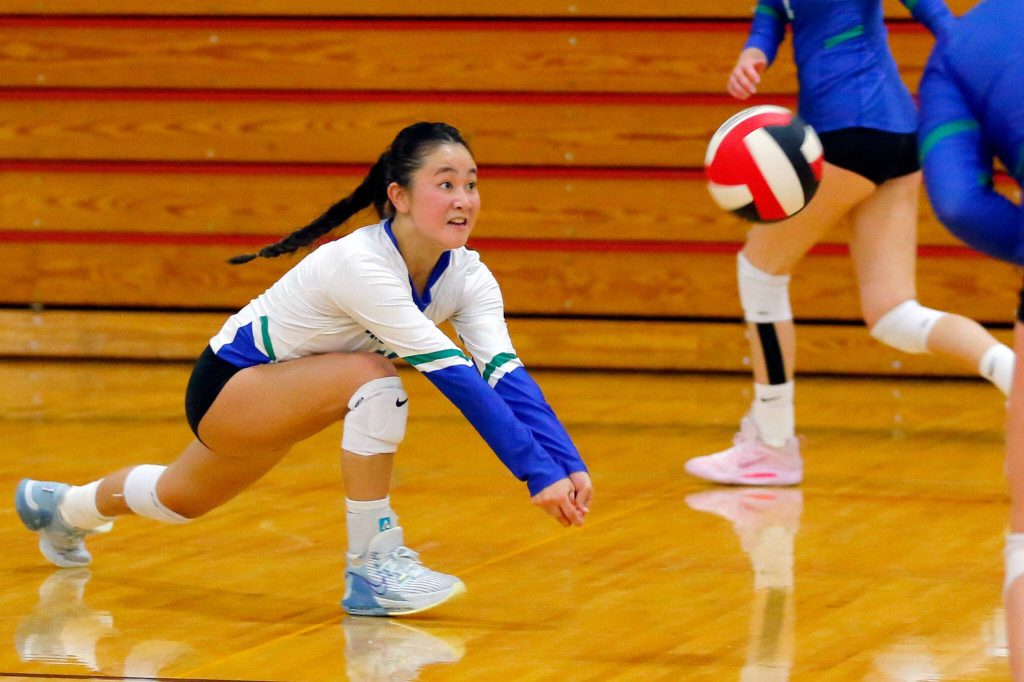 Shorewood senior libero Emma Okamura makes a diving save on the serve during a Wesco 3A District volleyball matchup against Meadowdale on Thursday, Nov. 9, 2023, at Marysville Pilchuck High School in Marysville, Washington. (Ryan Berry / The Herald)