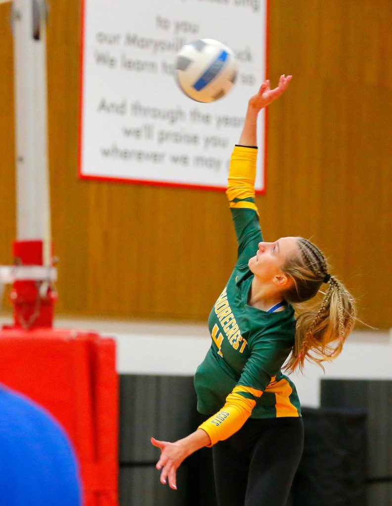 Shorecrests Grace Wagner spikes the ball during a Wesco 3A District volleyball matchup against Lynnwood on Thursday, Nov. 9, 2023, at Marysville Pilchuck High School in Marysville, Washington. (Ryan Berry / The Herald)