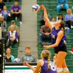 Lake Stevens Mia Turner sends the ball over the net against North Creek during the Wesco 4A district 1/2 championship match Saturday, Nov. 11, 2023, at Henry M. Jackson High School in Mill Creek, Washington. (Ryan Berry / The Herald)