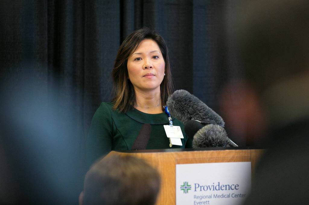 Providence Chief Executive Kristy Carrington listens to a reporters question during a press conference addressing a nurses strike on Tuesday, Nov. 14, 2023, at Providence Regional Medical Centers 1717 Building in Everett, Washington. (Ryan Berry / The Herald)