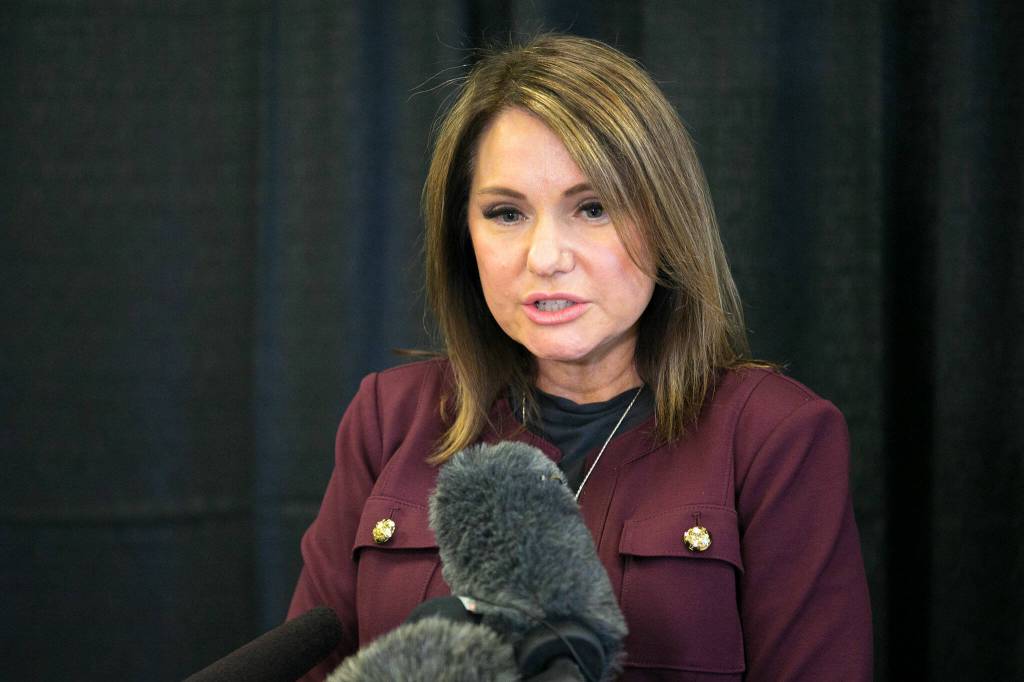 Chief Nursing Officer Michelle Lundstrom speaks during a press conference addressing a nurses strike on Tuesday, Nov. 14, 2023, at Providence Regional Medical Centers 1717 Building in Everett, Washington. (Ryan Berry / The Herald)