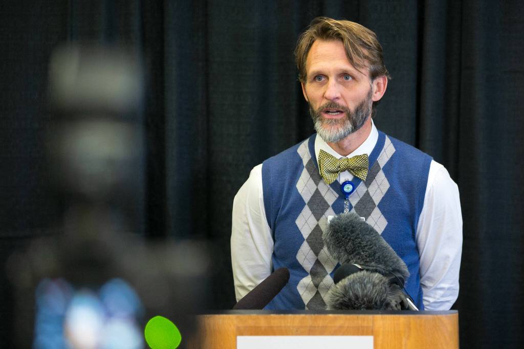 Chief Medical Officer Jamie Park speaks during a press conference addressing a nurses strike on Tuesday, Nov. 14, 2023, at Providence Regional Medical Centers 1717 Building in Everett, Washington. (Ryan Berry / The Herald)