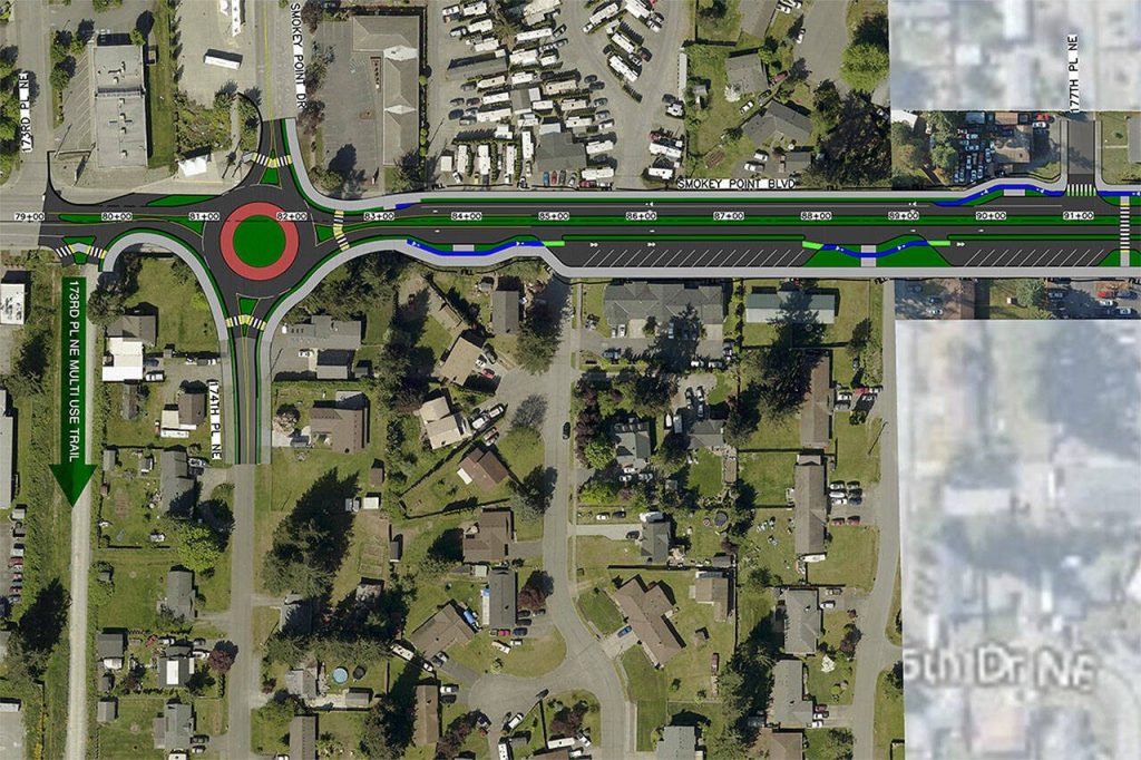 Concept art showing the new roundabout that will be placed at the intersection of 188th Street and Smokey Point Boulevard. (City of Arlington)