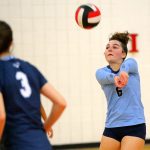 Meadowdales Sofia Brockmeyer receives a serve during a Class 3A District tournament semifinal match against Shorewood on Nov. 9 at Marysville Pilchuck High School in Marysville. (Ryan Berry / The Herald)