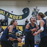 Shorecrest players celebrate during a volleyball game against Lynnwood on Oct. 3 at Shorecrest High School in Shoreline. (Annie Barker / The Herald)