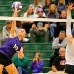Lake Stevens hitter Jayci Scrivens spikes the ball over the net against North Creek during the Class 4A bi-district 1/2 championship match Nov. 11 at Jackson High School in Mill Creek. (Ryan Berry / The Herald)