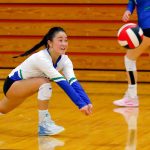 Shorewood senior Emma Okamura makes a diving save on a serve during a Class 3A District 1 tournament semifinal game against Meadowdale on Nov. 9 at Marysville Pilchuck High School in Marysville. (Ryan Berry / The Herald)