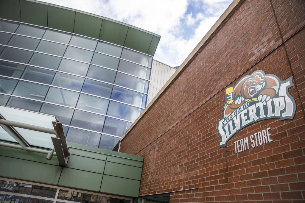 Everett Silvertips team store sign outside of Angel of the Winds Arena on Wednesday, Nov. 22, 2023 in Everett, Washington. (Olivia Vanni / The Herald)