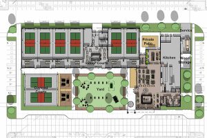 An enlarged graphic detailing  the food and recreation site at the proposed Riverfront development project in Everett, Washington. The revised plan swaps out a cinema complex for pickleball courts.