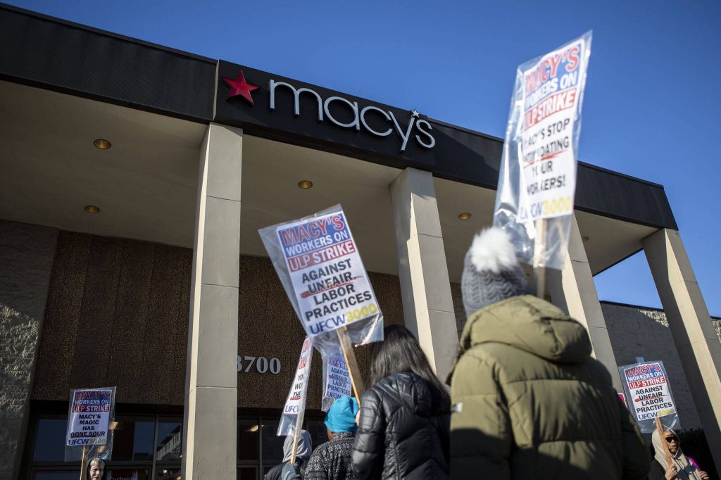 Macys workers strike on Black Friday at the Alderwood Mall in Lynnwood, Washington on Friday, Nov. 24, 2023. (Annie Barker / The Herald)