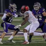 Lake Stevens Kolton Matson (12) moves with the ball during a game between Lake Stevens and Kennedy Catholic at Lake Stevens High School in Lake Stevens, Washington on Friday, Nov. 17, 2023. Lake Stevens won, 44-21. (Annie Barker / The Herald)
