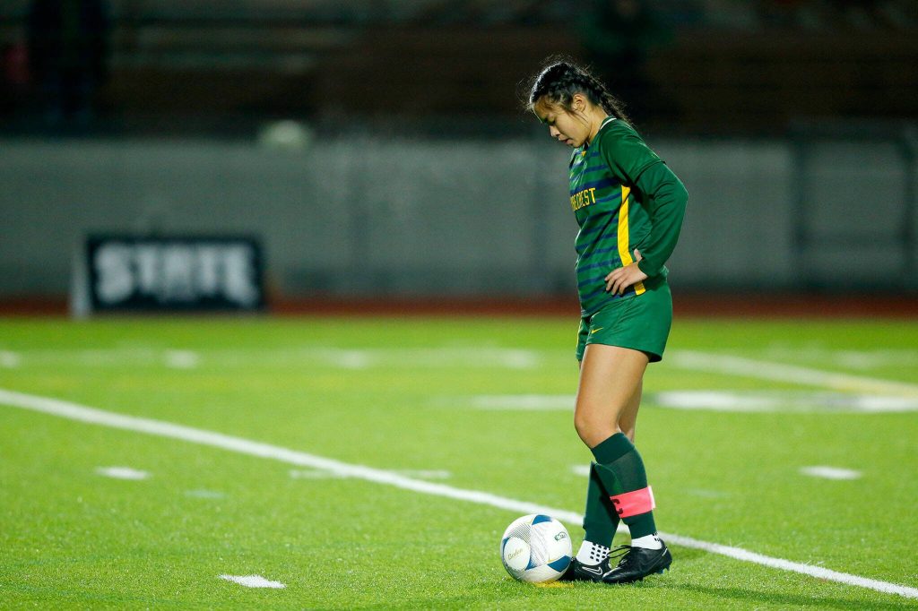 Shorecrest senior Tayvi Khann focuses before taking her team’s first penalty shot against Lakeside during the WIAA 3A Girls Soccer Semifinal on Friday, Nov. 17, 2023, at Carl Sparks Stadium in Puyallup, Washington. (Ryan Berry / The Herald)