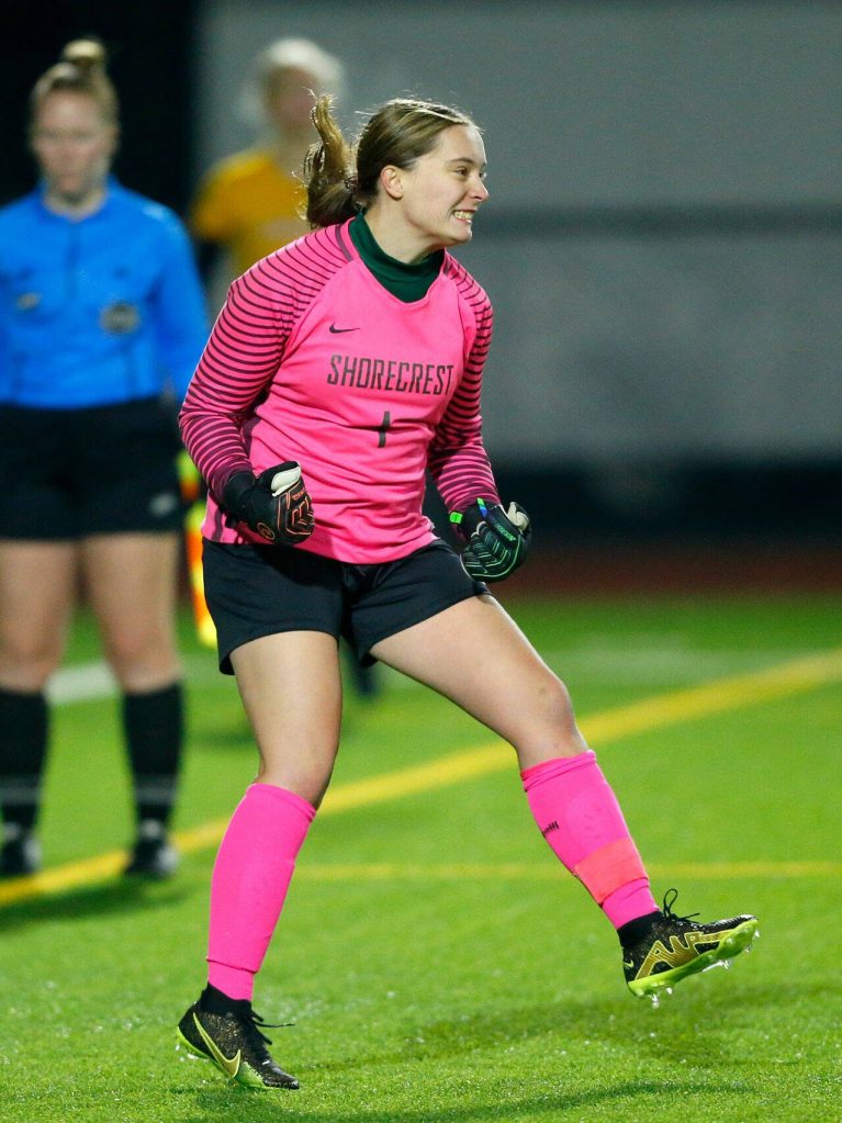 Shorecrest goaltender Tatiana Zahajko celebrates blocking penalty shot against Lakeside during the WIAA 3A Girls Soccer Semifinal on Friday, Nov. 17, 2023, at Carl Sparks Stadium in Puyallup, Washington. (Ryan Berry / The Herald)