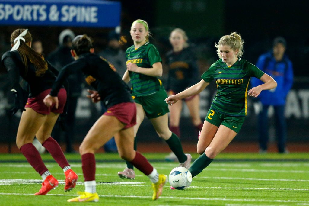Shorecrest attacker Bailey Matthew switches directions with the ball at her feet against Lakeside during the WIAA 3A Girls Soccer Semifinal on Friday, Nov. 17, 2023, at Carl Sparks Stadium in Puyallup, Washington. (Ryan Berry / The Herald)