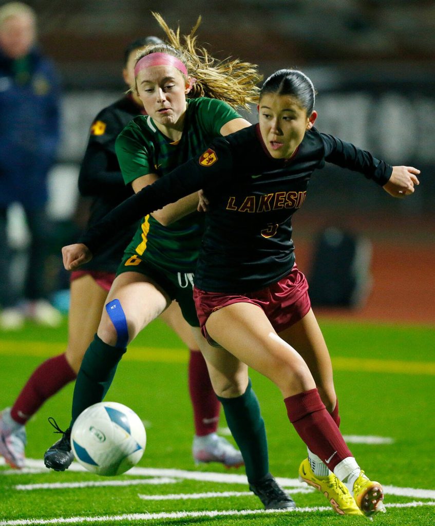 Shorecrest’s Emma Orthel fights to gain control of the ball against Lakeside during the WIAA 3A Girls Soccer Semifinal on Friday, Nov. 17, 2023, at Carl Sparks Stadium in Puyallup, Washington. (Ryan Berry / The Herald)