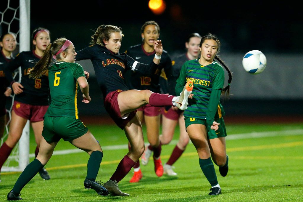 The ball is cleared away on a Shorecrest corner kick against Lakeside during the WIAA 3A Girls Soccer Semifinal on Friday, Nov. 17, 2023, at Carl Sparks Stadium in Puyallup, Washington. (Ryan Berry / The Herald)