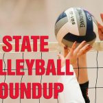 Stanwood's Mischa Kessler is blocked by Monroe's Campbell Barrow as Stanwood took on Monroe in a volleyball game on Wednesday, March 17, 2021 in Stanwood, Washington.  (Andy Bronson / The Herald)