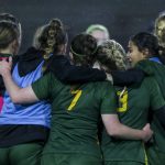 Shorecrest players huddle after the Class 3A girls soccer state championship game against Roosevelt on Saturday at Sparks Stadium in Puyallup. (Annie Barker / The Herald)