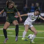 Shorecrests Kai Johnson (9) fights for the ball during the Class 3A girls soccer state championship game against Roosevelt on Saturday at Sparks Stadium in Puyallup. (Annie Barker / The Herald)