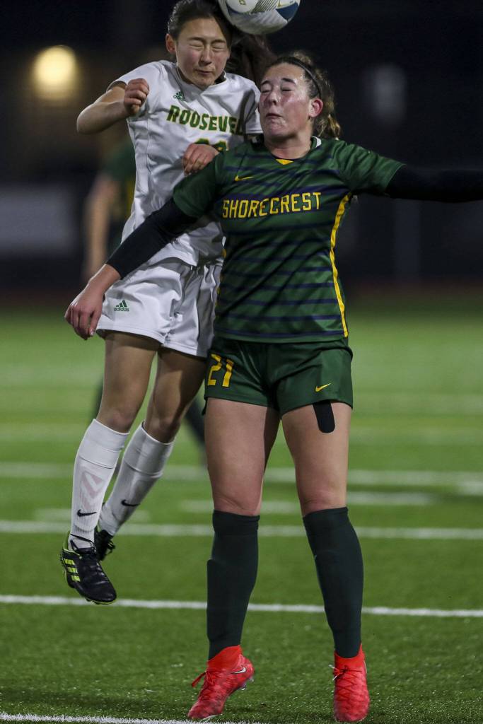 Shorecrests Esmerelda Fogg (21) moves with the ball during the Shorecrest and Roosevelt Class 3A girls soccer state championship game at Sparks Stadium in Puyallup, Washington on Saturday, Nov. 18, 2023. Shorecrest lost, 4-1. (Annie Barker / The Herald)