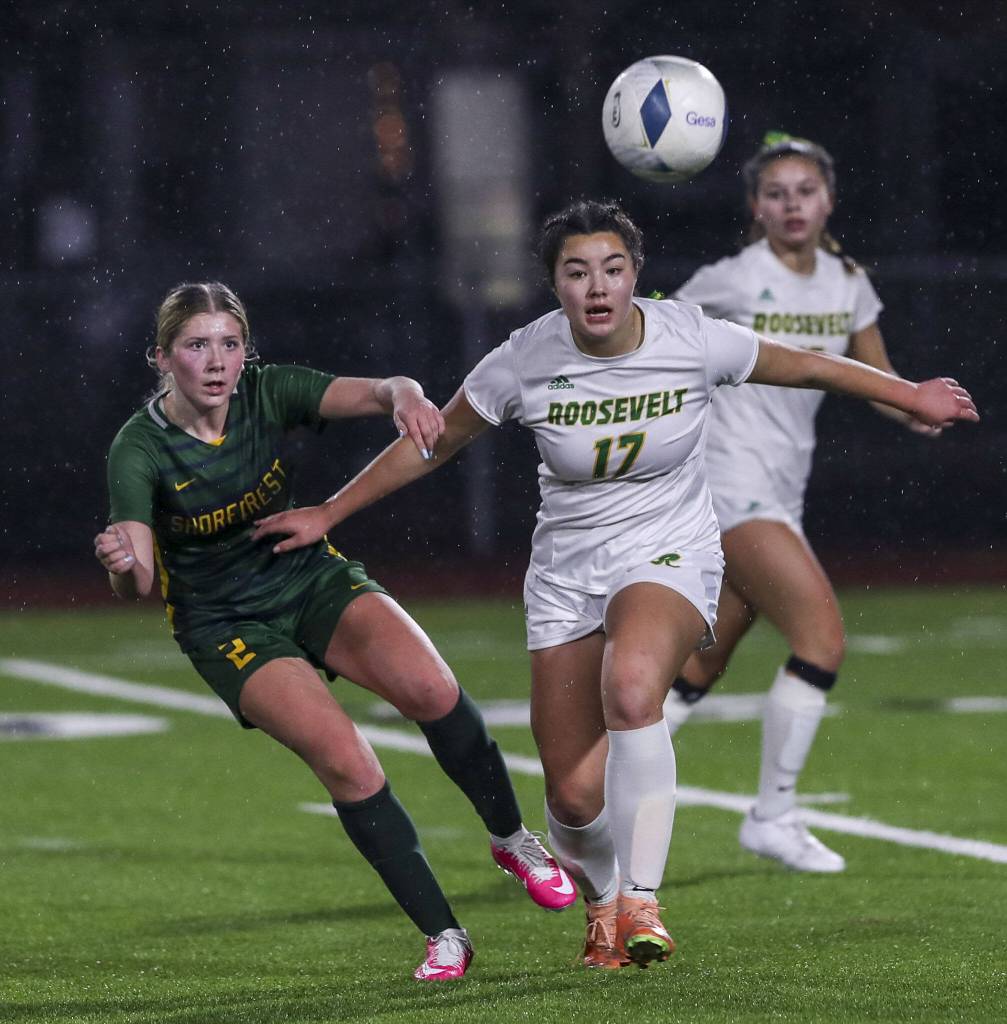 Shorecrests Bailey Matthew (2) fights for the ball during the Shorecrest and Roosevelt Class 3A girls soccer state championship game at Sparks Stadium in Puyallup, Washington on Saturday, Nov. 18, 2023. Shorecrest lost, 4-1. (Annie Barker / The Herald)