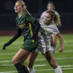 Shorecrests Cambria Metcalf-Lindenburger (19) moves with the ball during the Shorecrest and Roosevelt Class 3A girls soccer state championship game at Sparks Stadium in Puyallup, Washington on Saturday, Nov. 18, 2023. Shorecrest lost, 4-1. (Annie Barker / The Herald)