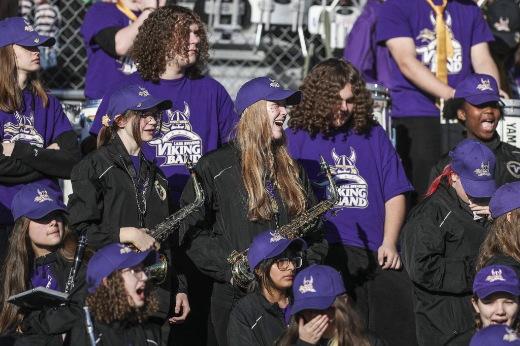 Members of the Lake Stevens marching band perform during a Class 4A state semifinal game between Lake Stevens and Kamiakin at Lake Stevens High School in Lake Stevens, Washington on Saturday, Nov. 25, 2023. Lake Stevens won, 48-7. (Annie Barker / The Herald)