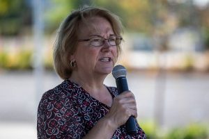Lynnwood Mayor Christine Frizzell speaks during a ribbon cutting ceremony to celebrate the completion of the 196th ST SW Improvement Project near the 196th and 44th Ave West intersection in Lynnwood, Washington on Tuesday, Aug. 15, 2023. (Annie Barker / The Herald)