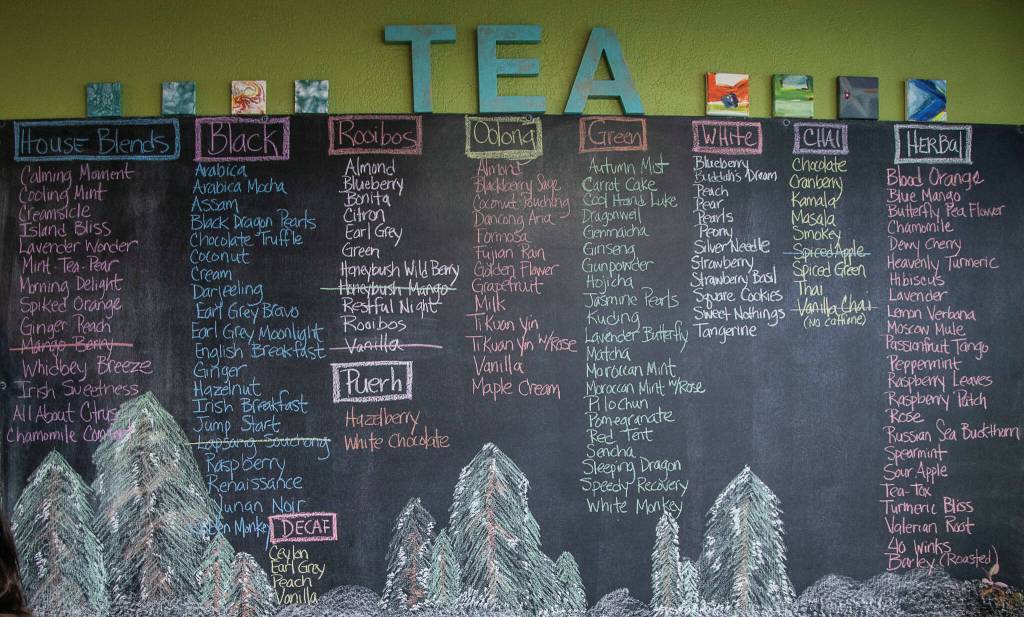 The tea board at Lotus Tea Bar Studio in Oak Harbor, which offers about 150 varieties. (Annie Barker / The Herald)