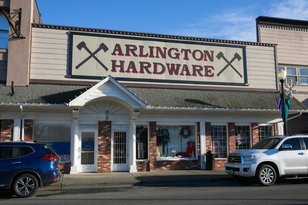 Arlington Hardware is pictured on Saturday, Dec. 16, 2023, in downtown Arlington, Washington. (Ryan Berry / The Herald)