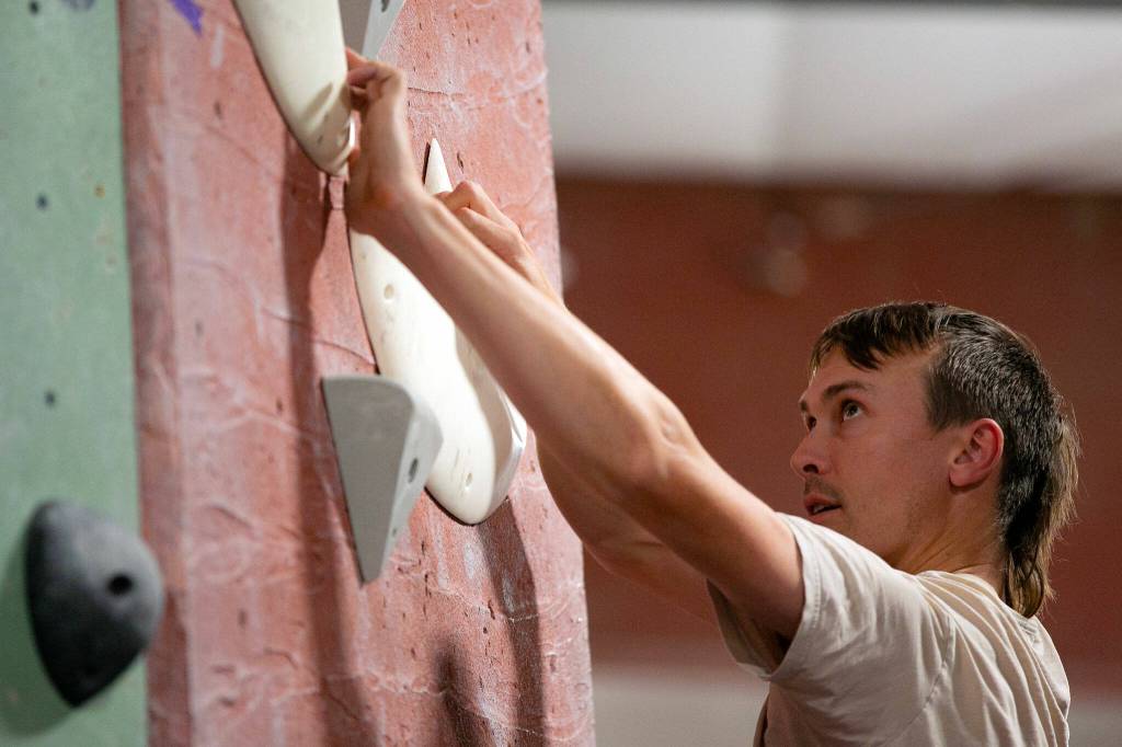 Jack Bears boulders on the top floor at Vertical World North on Monday, Nov. 20, 2023, in Lynnwood, Washington. (Ryan Berry / The Herald)