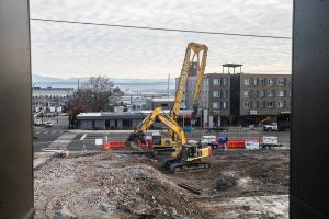 A view of the Broadway construction site of Compass Health’s new mental health facility on Wednesday, Nov. 29, 2023 in Everett, Washington. (Olivia Vanni / The Herald)