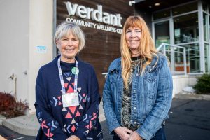 NAMI board members Karen Schilde, left, and Kathy Chiles, right, outside of Verdant Community Wellness Center on Wednesday, Nov. 22, 2021 in Lynnwood, Washington. (Olivia Vanni / The Herald)