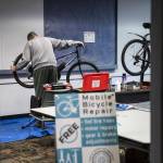 A mobile bicycle repair available at the Repair Cafe on Saturday, Nov. 18, 2023 in Mountlake Terrace, Washington. (Olivia Vanni / The Herald)