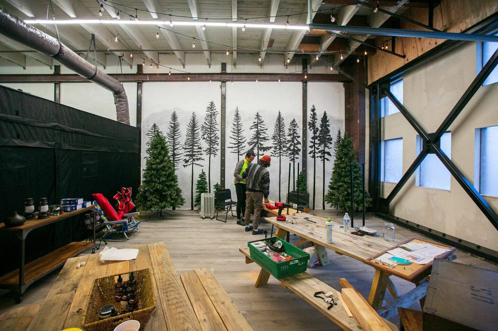 A week out from opening, construction is ongoing at Black Forest Mushrooms on Friday, Dec. 1, 2023, in Everett, Washington. (Ryan Berry / The Herald)